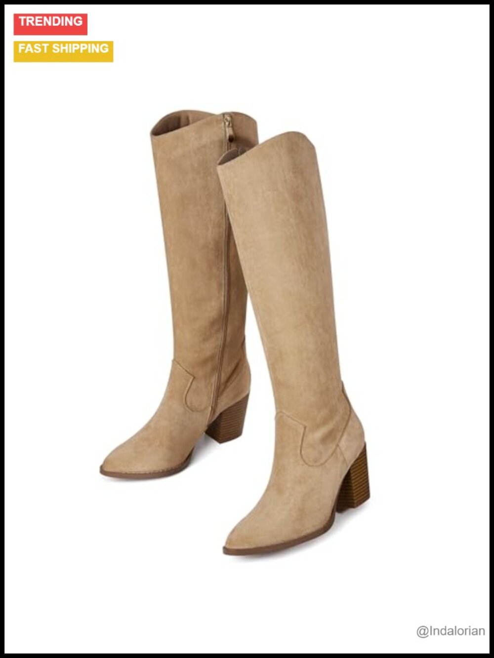 Faux Suede Knee High Block Heel Pointed Toe Zip Boots